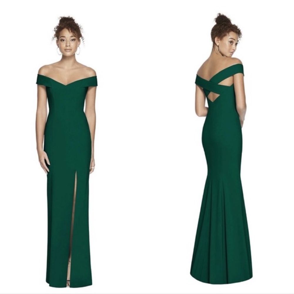 Dessy Collection Hunter Green Off The Shoulder 3012 Trumpet Bridesmaid Gown